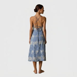 Vestido Midi de Lino para Mujer, Estampado de Palmeras, Tirantes Franceses, Cuello Cuadrado, Ropa Casual de Verano, Proveedor Mayorista en Línea de China - Product Image 3