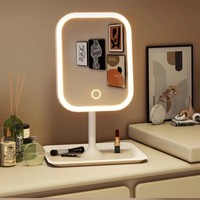 Miroir de maquillage LED carré arrondi avec plateau de rangement, éclairage tactile à intensité variable, miroir de vanité sur pied pour chambre à coucher