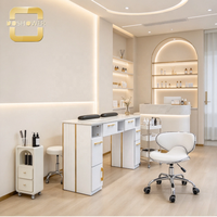 Table de travail double pour manucure avec armoire fermée et bande décorative en bois pour salon de beauté haut de gamme