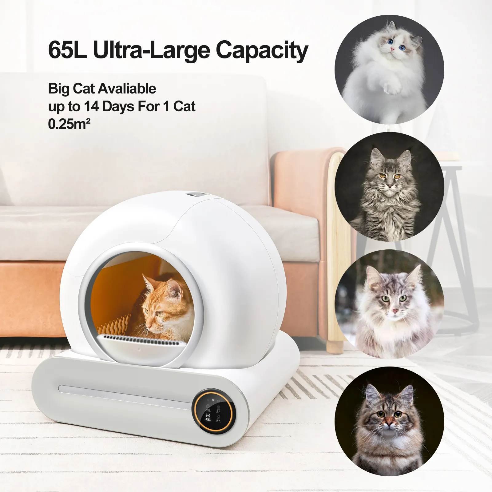 Kendini temizleme kedi kum kabı 65L büyük kapasiteli akıllı otomatik kedi kum kabı çoklu kediler için APP kontrolü ile