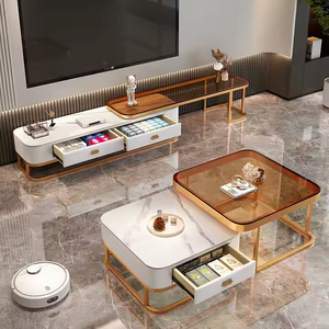 Simple Modern Square Coffee <strong>Table</strong> for Living Room Light Luxury Glass Design <strong>Adjustable</strong> <strong>Height</strong> Metal Rock Slab for Small 2 Pieces - Product Image 3