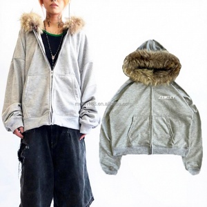 Sweat-shirts personnalisés de haute qualité, 400 g/m², en coton épais, en molleton français, surdimensionnés, unis, à fermeture éclair, avec capuche en fausse fourrure, unisexe - Product Image 1