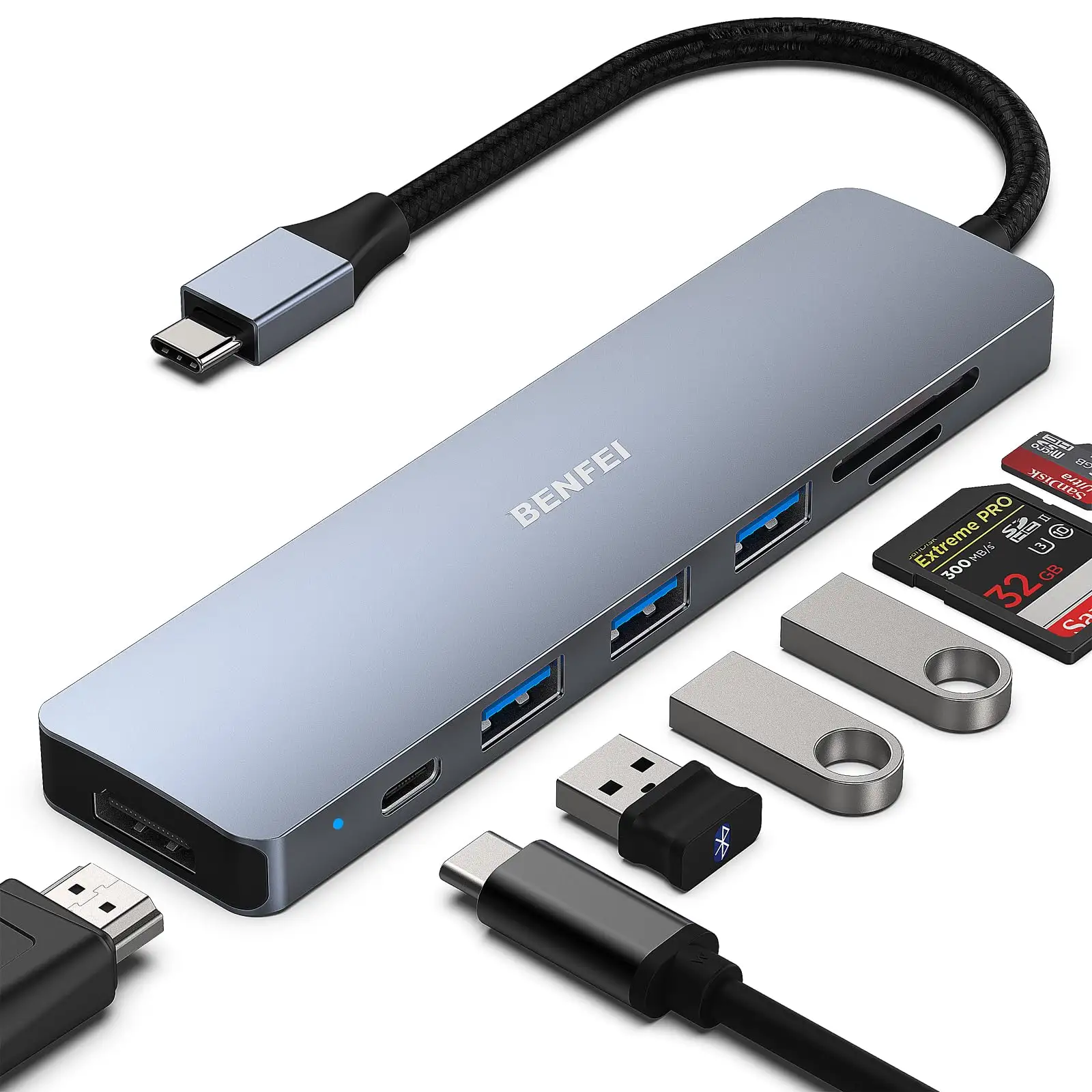 USB C HUB 7 in 1 Multiport hub with USB-C to HDMI 4K 60Hz SD/TF Card Reader/3*USB 3.0/100W Power Delivery Charge