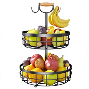 2 Tier Fruit <b>Basket</b> with Dual Banana Hanger Wooden Handle Metal <b>Wire</b> Fruit Bowl Kitchen Counter Storage Organizer - Product Image 1