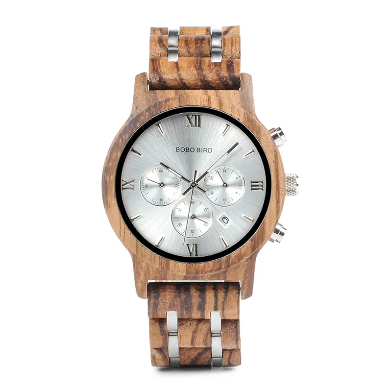 Bobo Vogel Luxe Herenhorloge Mode Rond Zwart Ebbenhout Klok Custom Logo Chronograaf Voorzien Stalen Beweging Metalen Kast