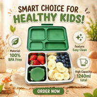 Boîte à lunch bento en acier inoxydable 1240 ml grande capacité 4 compartiments anti-fuite récipient alimentaire en métal pour adultes, bureau et école