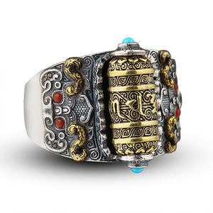 <b>Adjustable</b> Retro Buddhist Scripture <b>Silver</b> Plated <b>Ring</b> for Men Personality Male Index Finger Bijou Rotatable Fashion Jewelry - Product Image 1