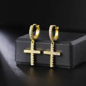 Fashion Cross Pendant Cartilage Drop Dangle Hoop Earrings Gold Plated Micro Pave Cubic Zirconia Cz Cross Hoop Earrings