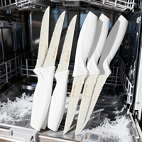 Couteaux à steak en acier inoxydable, lot de 16, couteau de table durable, blanc, à lame dentelée, manches en plastique professionnels, ambidextres