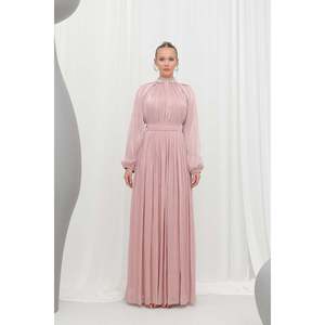 Vestido de noche de gasa con adornos de piedras Puane para mujer - Vestido largo formal de manga larga con corte en A - Rosa empolvado 17001ELB - Product Image 2