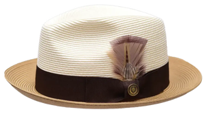 . Chapeau Fedora en paille respirant pour homme - Bicolore marine et bleu clair avec plume - Product Image 5