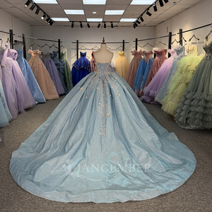 ชุดราตรีงาน Quinceanera สีฟ้าหรูหรา รุ่น Dy6854 ผ้าชีฟอง เอวธรรมชาติ แต่งลูกไม้ประดับเลื่อม งานปักลายฉลุ สำหรับงาน Sweet16 ป้องกันไฟฟ้าสถิตที่ไหล่ - Product Image 4