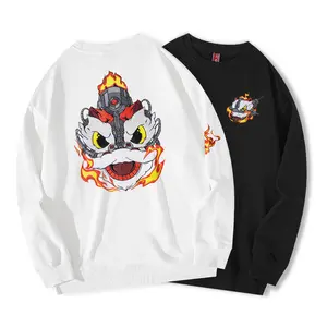 New Lion Awakening Embroidered Pure Cotton Sweater Men's round neck pullover long sleeves Loose fitting Chinese style top