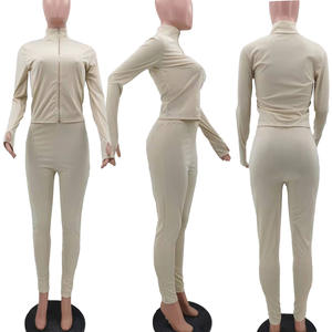 Set pakaian wanita santai dua potong, setelan pakaian wanita, jaket Dan celana Legging lengan panjang, Poly Spandex, Ribbed, dua potong - Product Image 6