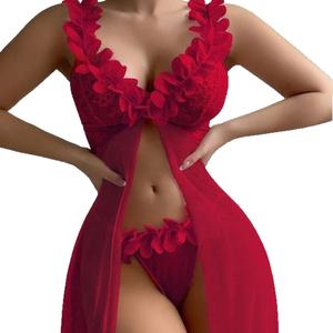 ثوب نوم الأميرة الحلو الوردي شبكة صيد السمك رداء دانتيل زهري شفاف من خلال فتحة رقبة حرف V مفتوح من الأمام قميص طويل من قطعة واحدة - Product Image 5