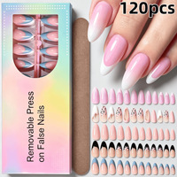 Ensemble de 120 faux ongles amande détachables pré-dessinés avec pointes style français pour les ongles et usage professionnel en salon