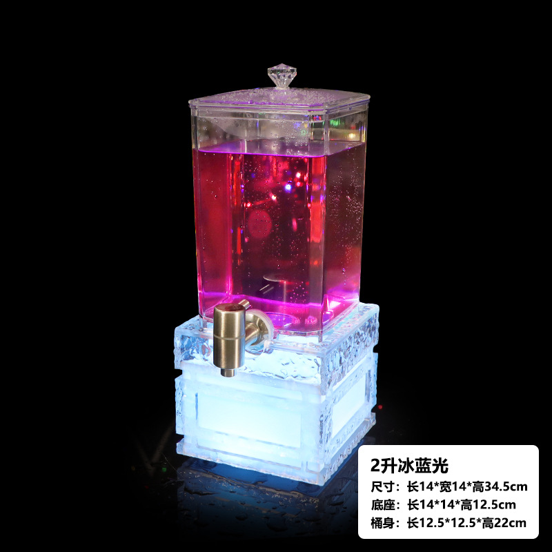 Base transparente con diseño de piedra y barril de vino de 2L con luz azul hielo.