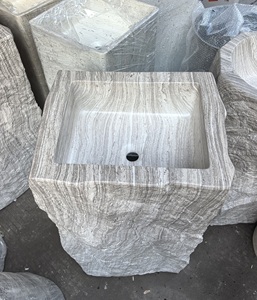 Lavabo sur pied carré moderne de style Wabi Sabi, couleur crème, en pierre artificielle, pour intérieur - Product Image 3