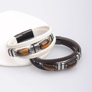 Unterstützt Individuelles Logo Doppel-Tigerauge-Stein Armband Edelstahl Magnetverschluss Handgewebtes Mehrschichtiges Lederarmband - Product Image 4