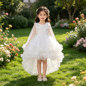 Abito <span class=keywords><strong>da</strong></span> <span class=keywords><strong>bambina</strong></span> bianco con coda asimmetrica, in tulle a strati con volant e perline a <span class=keywords><strong>farfalla</strong></span>, per damigelle e feste - Product Image 5