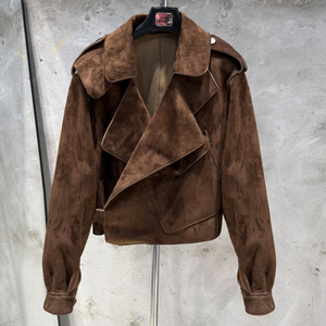 Chaqueta de Cuero de Oveja Auténtica de Lujo para Mujer, Chaqueta Corta de Gamuza con Solapa, Estilo Motero, Talla Grande - Product Image 1