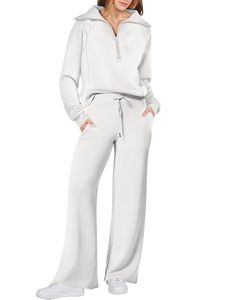 Conjunto de 2 piezas WINGTU con logotipo personalizado, suéter de manga larga con media cremallera para <span class=keywords><strong>mujer</strong></span>, conjunto de pantalones anchos de talla grande para <span class=keywords><strong>mujer</strong></span> - Product Image 2