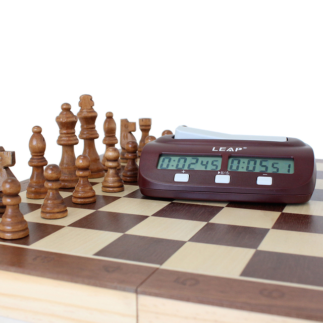 15.5" Wooden Felted Chess Game Set With Digital Clock Timer Wooden Chess Board Interior Storage Chess Pieces Foldable Chessboard
