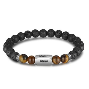 <span class=keywords><strong>Bracelet</strong></span> personnalisé en pierre de lave naturelle et perles œil de tigre avec nom gravé, breloque en acier inoxydable, bijou extensible pour <span class=keywords><strong>homme</strong></span> - Product Image 1