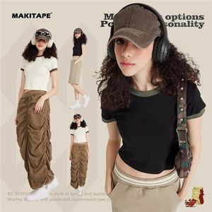 N516 Summer Cotton T-Shirt Women Y2K <b>Crop</b> <b>Tops</b> High Quality Breathable Sexy Thin Plain Slim Fit Hole Button Beading Decorations - Product Image 3