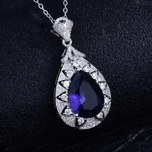 Dropshipping Jewelry Water Drop Pear Shaped Amethyst Pendant Necklace Encrusted with Diamonds Luxury Purple Diamond Pendant