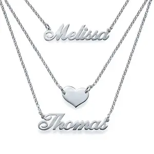 LC Stock Tiny Heart Double Names Plated Pendants Stainless Steel Layered Silver 3 Layer Necklace Gold Plated