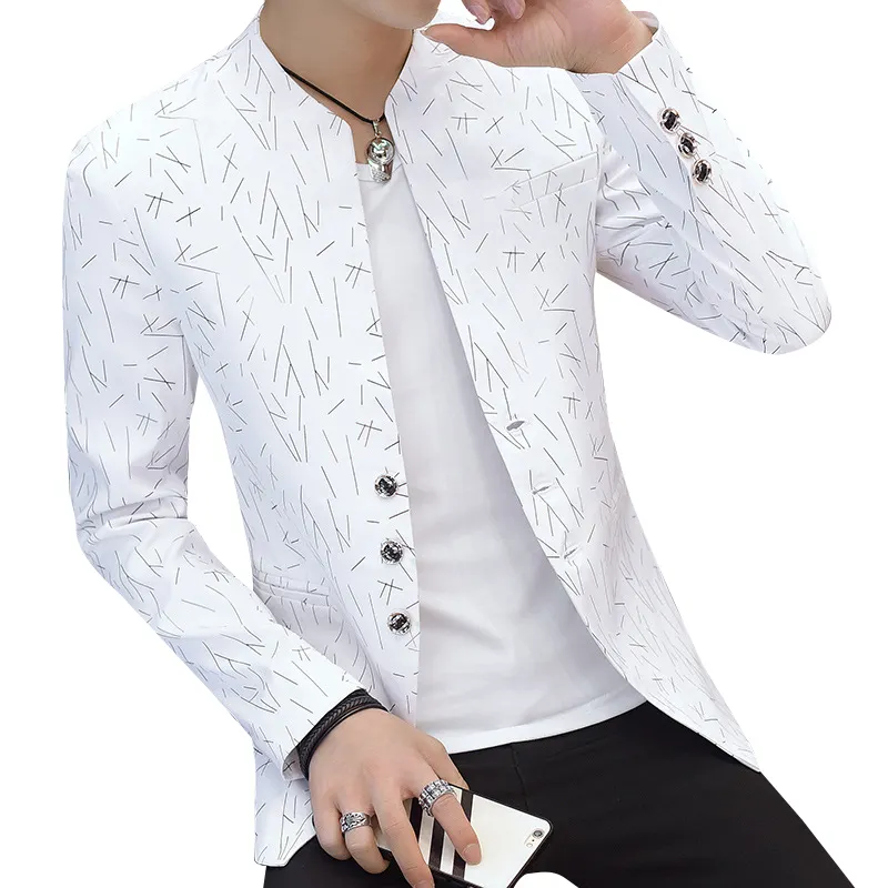 Wholesale Men's Casual V-neck Light Blazers Fashion Slim White Black Print Suit jackets