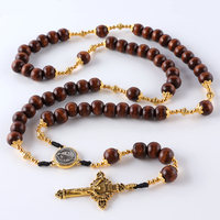 Chapelet perlé en bois avec croix plaquée or et collier de chapelet de prière catholique