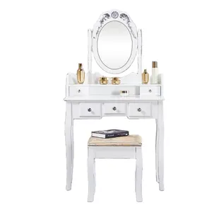 Round Mirror Bedroom Make up Table Luxury Modern Dressing Table Leather Dressing Vanity Table with Drawer
