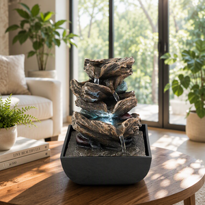 Fontaine d'eau de table en résine, statue de Bouddha priant, cascade de roches empilées, lumière LED pour un style zen, intérieur, maison, bureau - Product Image 2