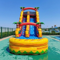 Toboggan aquatique gonflable en PVC de qualité commerciale, motif cocotier irisé, avec jets d'eau, pour location d'équipements de fête en piscine extérieure