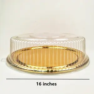Bandeja de plástico dourada descartável para assar pão, recipiente redondo para bolo com tampas transparentes, caixa de 16 polegadas