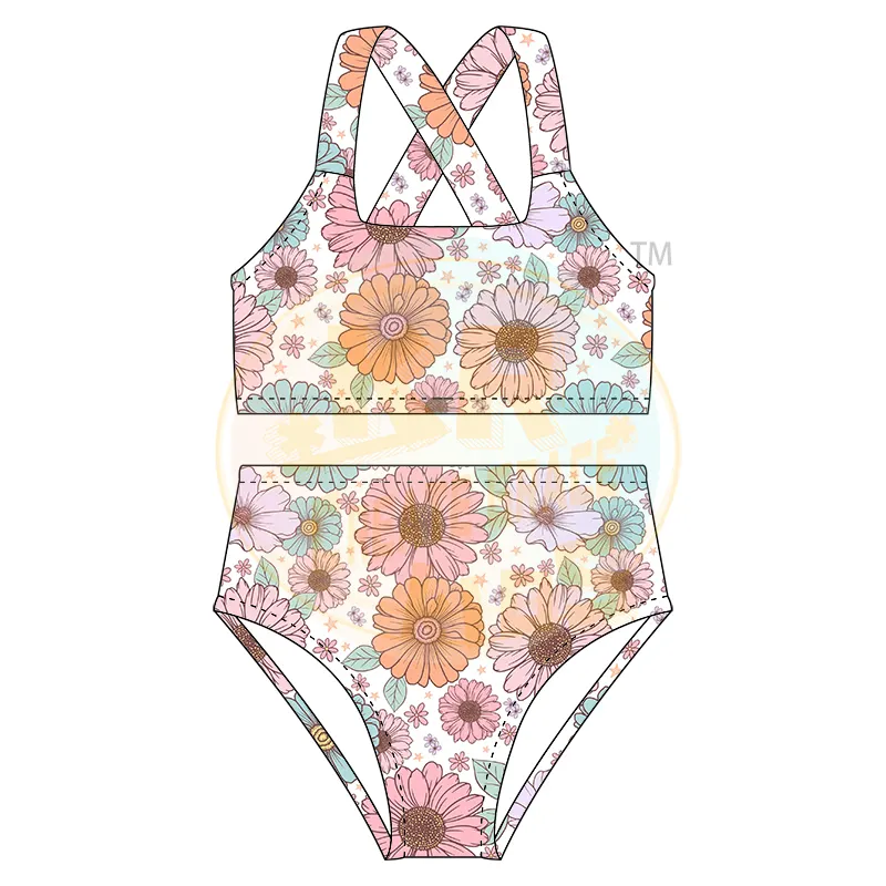 Costume da bagno estivo personalizzato per bambini con stampa di bikini per bambini da bambina senza maniche, costume da bagno carino senza schienale, abbigliamento da nuoto da spiaggia per bambini