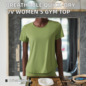 เสื้อยืดกีฬาผู้หญิง ระบายอากาศได้ดี แห้งเร็ว ป้องกันรังสียูวี แขนสั้น ทรงปกติ สำหรับออกกำลังกาย ผ้ายืด/ไนลอน สีพื้น - Product Image 2