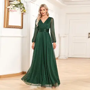 Neuankömmling Frauen Eleganter V-Ausschnitt Glänzendes Chiffon-Abendkleid A-Linie Perspektive Langarm Hochzeits feier Brautjungfer kleid