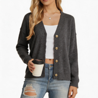 Cardigan en maille chinée à col en V pour femme, design personnalisé en usine, avec boutons métalliques anciens, épaules tombantes, coupe ample, vêtement d'extérieur décontracté pour l'automne
