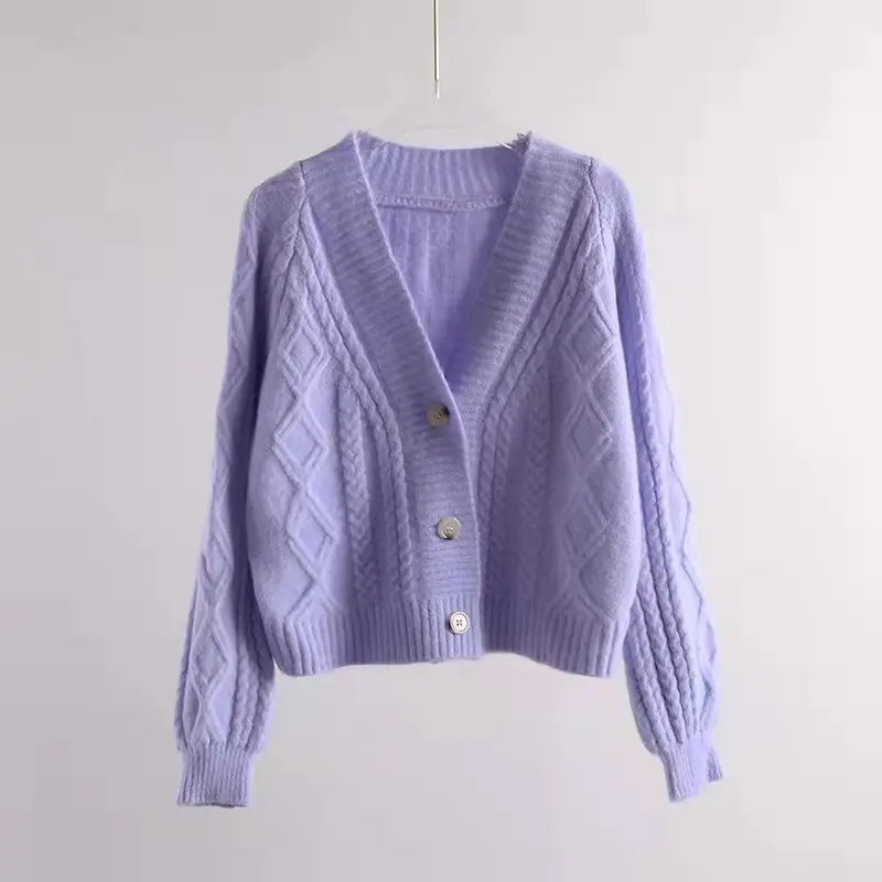 Cárdigan informal de punto para mujer, suéter con cuello de pico, manga larga, color morado, talla grande, para Otoño e Invierno