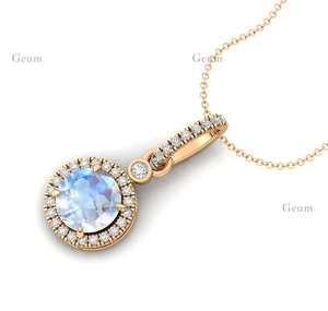 Colgante de piedra lunar arcoíris Natural, colgante de diamante de oro macizo de 14K, collar con colgante de solitario de piedras preciosas redondas de 8mm, venta al por mayor - Product Image 5