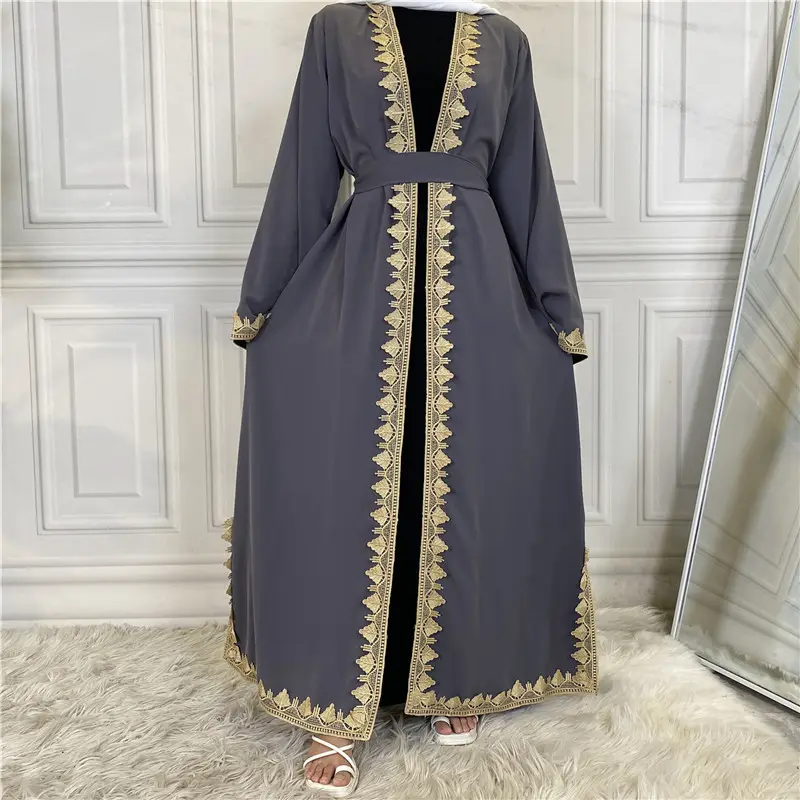 Latest embroidery black muslim long dress new designer front open islamic abaya cardigan
