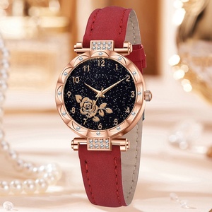 Ensemble de montres élégantes pour femmes, ensemble de bijoux à fleurs rouges, montre-bracelet à quartz pour femmes, collier, boucles d'oreilles, bague, ensemble cadeau - Product Image 4