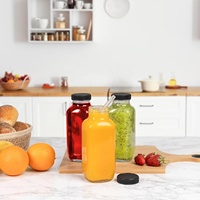 Bouteille en verre réutilisable transparente de 480 ml, forme carrée, pour jus ou lait, avec couvercle noir