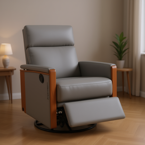 Sillón Reclinable Giratorio Moderno de Cuero Sintético Gris, Estructura de Madera, Operación Manual, Asiento Acolchado, Brazos Acolchados Ecológicos, para Sala de Estar - Product Image 2