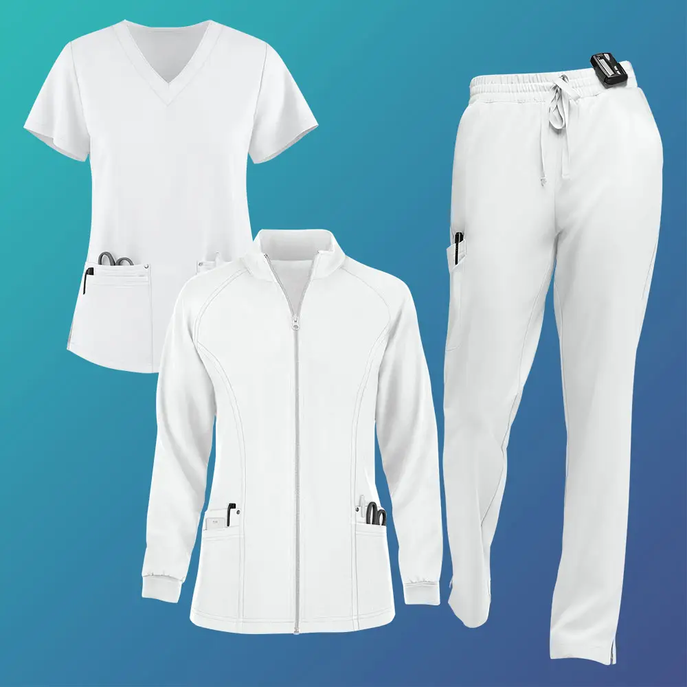 Bestex White V-Ausschnitt Peelings Uniformen Sets Krankens ch wester Spandex Unisex Wasserdicht Med Couture Baumwolle Stretch Scrub Uniform Pflege sets