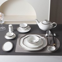 Service de table en porcelaine fine, blanc, bord ondulé, bande argentée, vaisselle de luxe, assiette de service, bol à soupe, tasse à thé pour hôtel, restaurant, maison