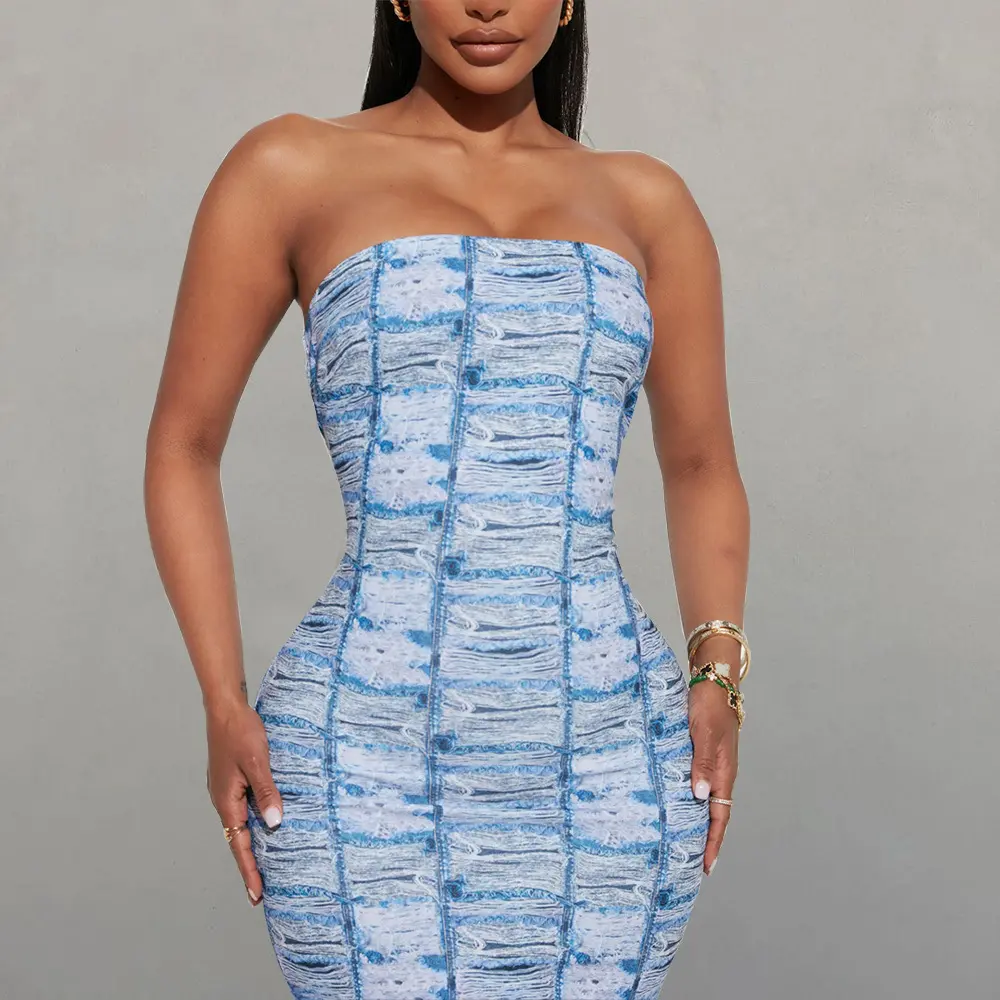 Großhandel Kleider Sexy Elegant Blue Denim Print Träger lose Kleider Bodycon Party Maxi kleid Damen